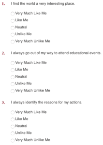 Showing questions of the VIA Character Strengths and Happiness Test